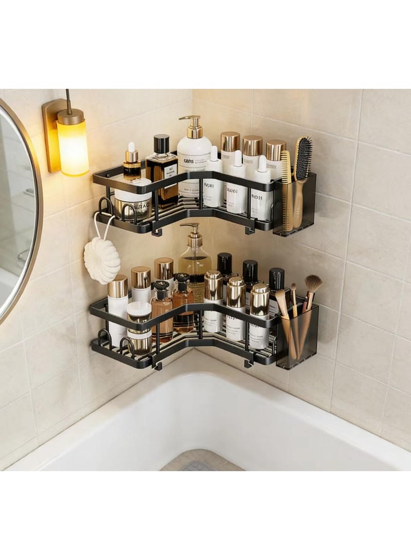 Mordely Corner Wall-Mounted Bathroom Shelf with Hooks, No-Drill Adhesive Shower Organizer for Toiletries, Makeup, and Skincare Storage (Black, Iron Material) - Image 1